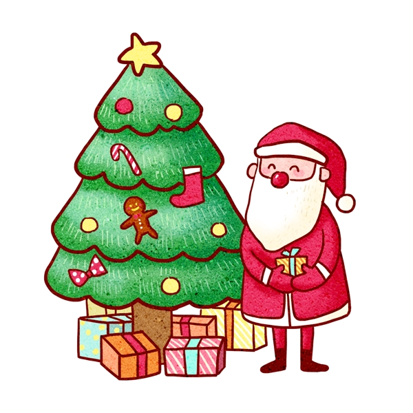 Q版圣诞老人和圣诞树PNG免抠素材