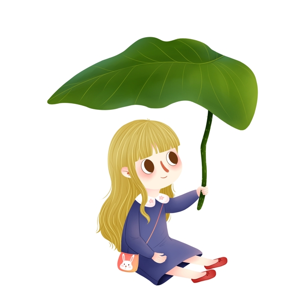 卡通可爱拿着树叶伞的女孩子