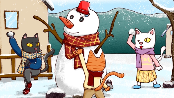 冬季打雪仗堆雪人的猫猫