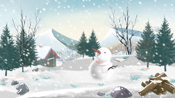 唯美清新雪人下雪风景冬天雪景插画