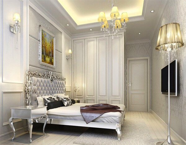 130平米欧式卧室银白色家具组合效果图
