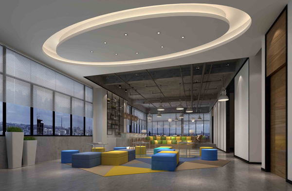 现代创意办公室黄蓝色凳子工装装修效果图