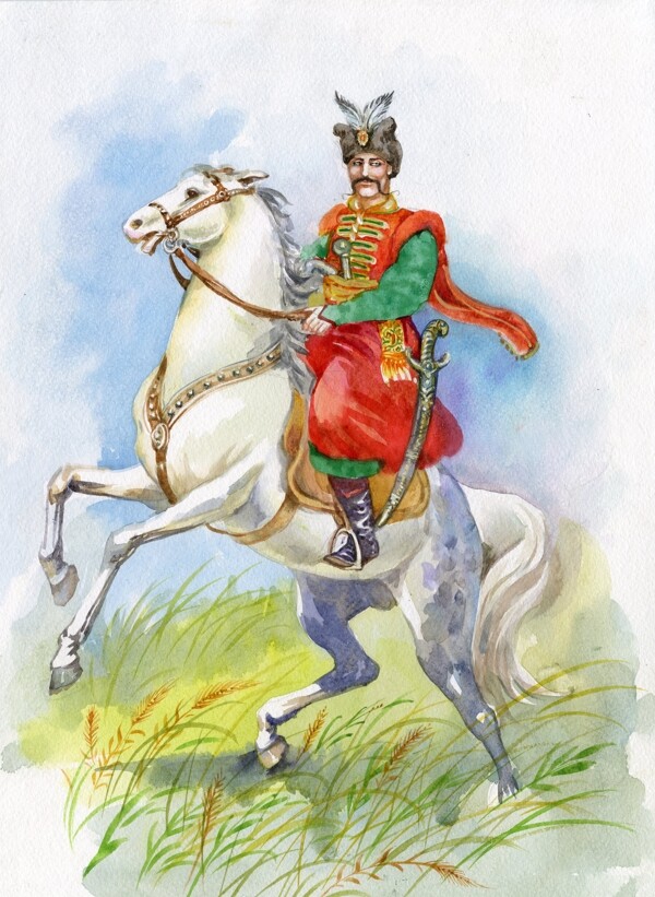 骑马的古代欧洲帅哥水彩画图片