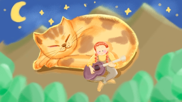 晚安你好星空下背靠大猫弹吉他的女孩