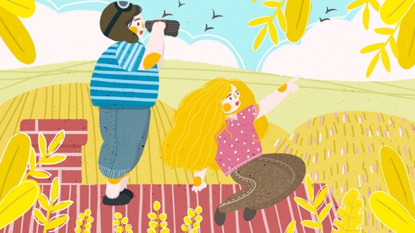 黄色扁平风秋日私语男孩女孩坐在屋顶上插画