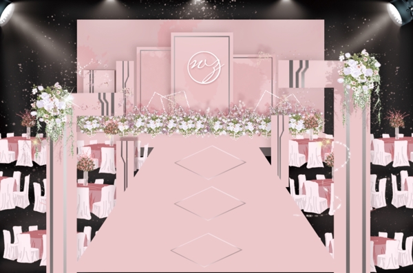 粉色水彩质感婚礼仪式区效果图