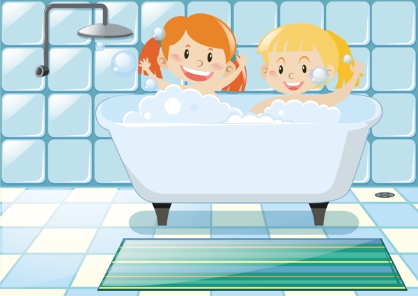 卡通矢量儿童洗澡