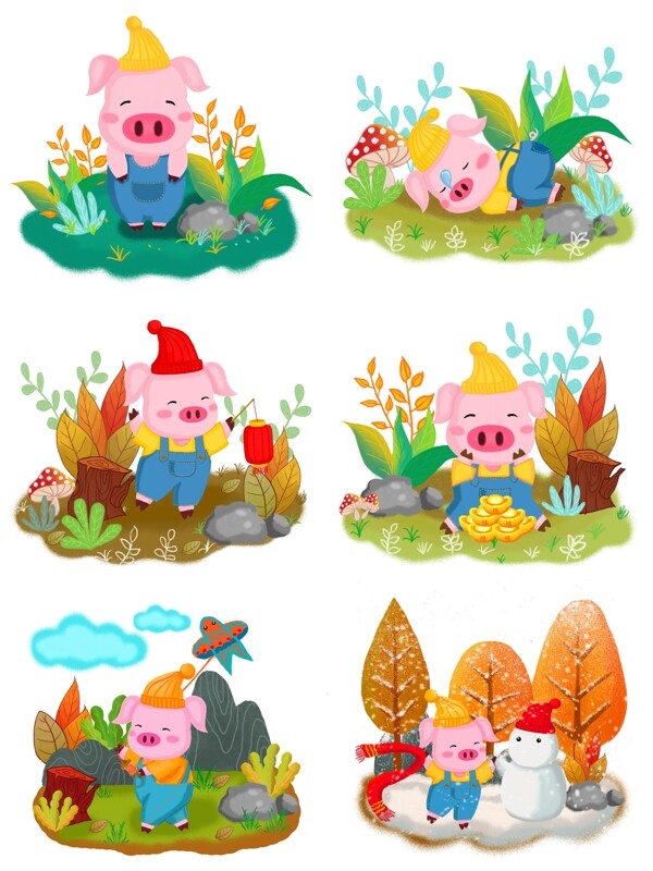 猪年动物猪手绘可爱卡通小猪插画