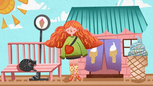 11月你好女孩站在冰淇淋店门口可爱插画
