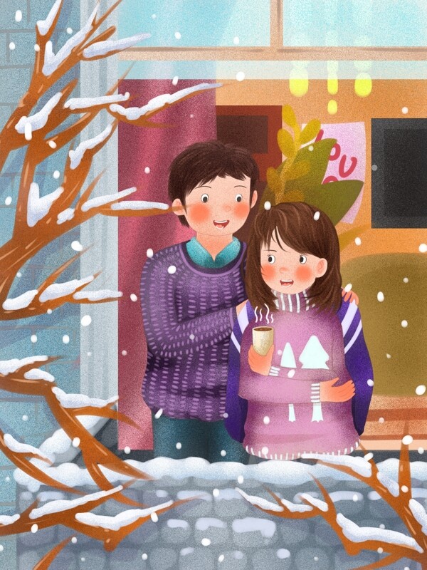情侣冬季日常肌理雪中阳台男生帮女生披衣服