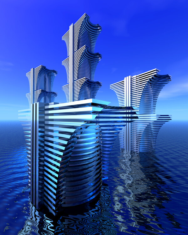 商業(yè)空間樓房建筑效果圖高樓大廈高科技區(qū)水滴科幻