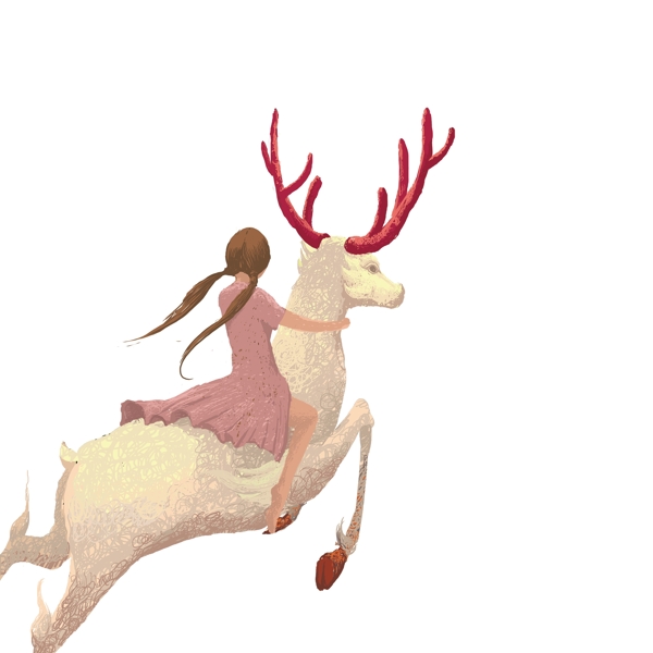 线圈印象手绘骑着小鹿的女孩