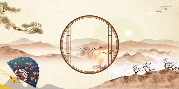 中式窗框风景插画图片
