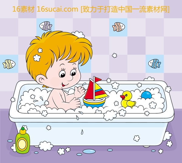 在浴缸洗澡的小男孩矢量素材