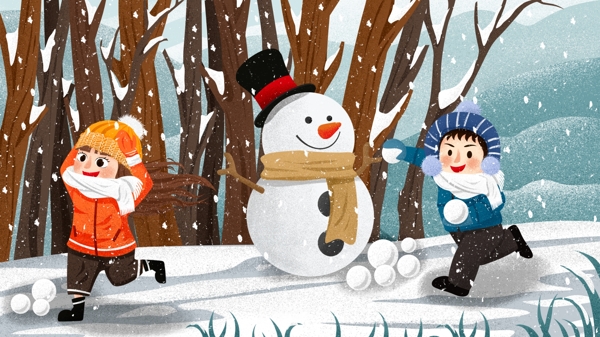冬季下雪雪地小孩们打雪仗堆雪人插画