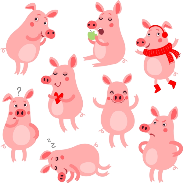 扁平化粉红色可爱卡通小猪形象