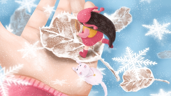 原创手绘插画唯美清新冬季雪景手掌中的女孩