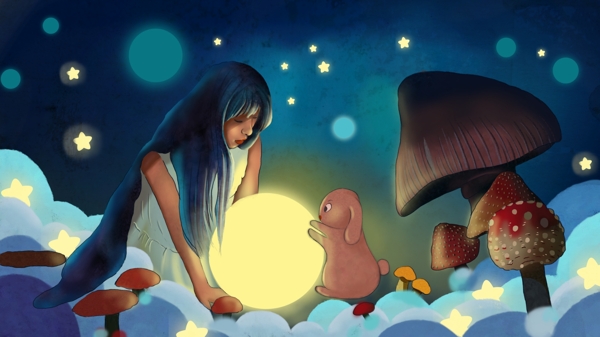 女孩兔子月亮星星晚安世界治愈插画