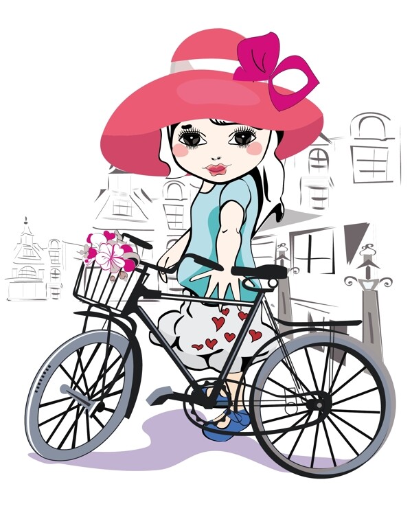可爱女孩与自行车插画矢量素材下载