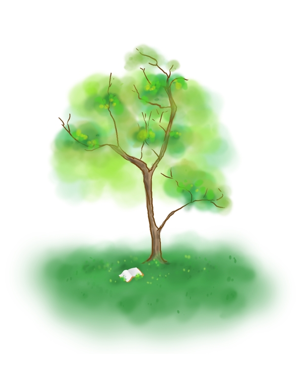 手绘春天绿色大树和书