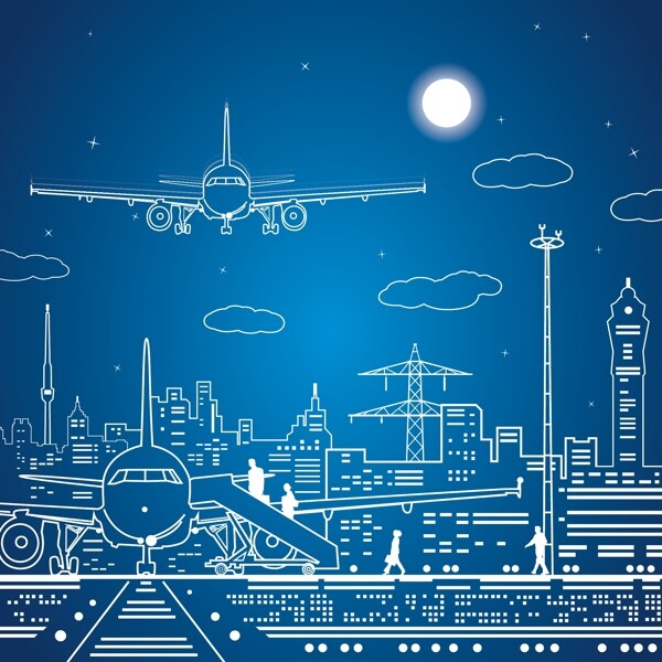 飞机与城市线条插画素材下载