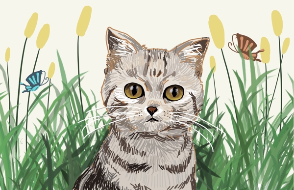 你好早安猫咪在草丛里小清新原创插画