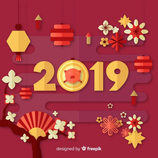 2019年扁平化燈籠和梅花賀卡