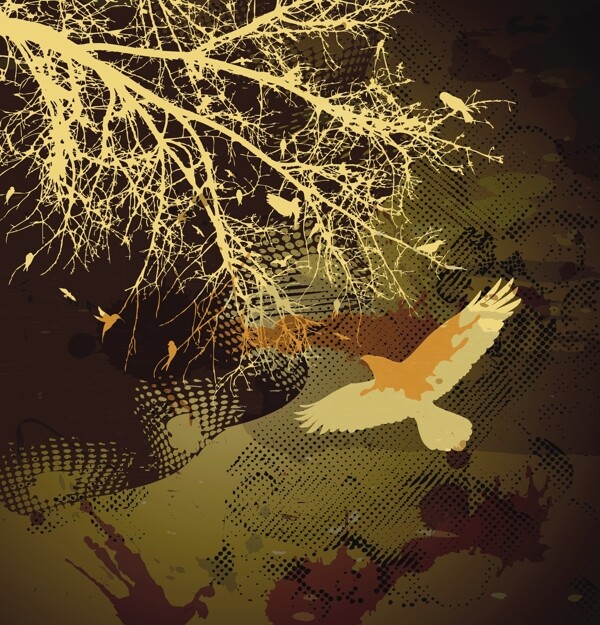 在樹枝上的鳥復(fù)古插畫矢量