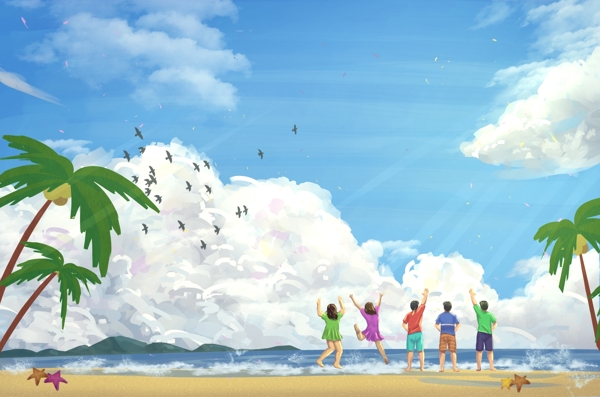 夏季海边清新人物插画卡通背景