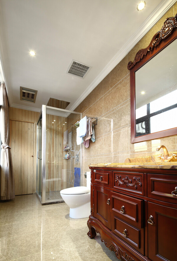 中式风格卫生间马桶淋浴间窗帘装修效果图