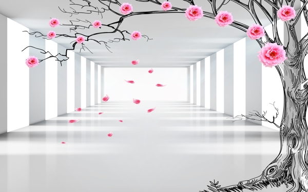 3D空间拓展浪漫玫瑰树电视背景