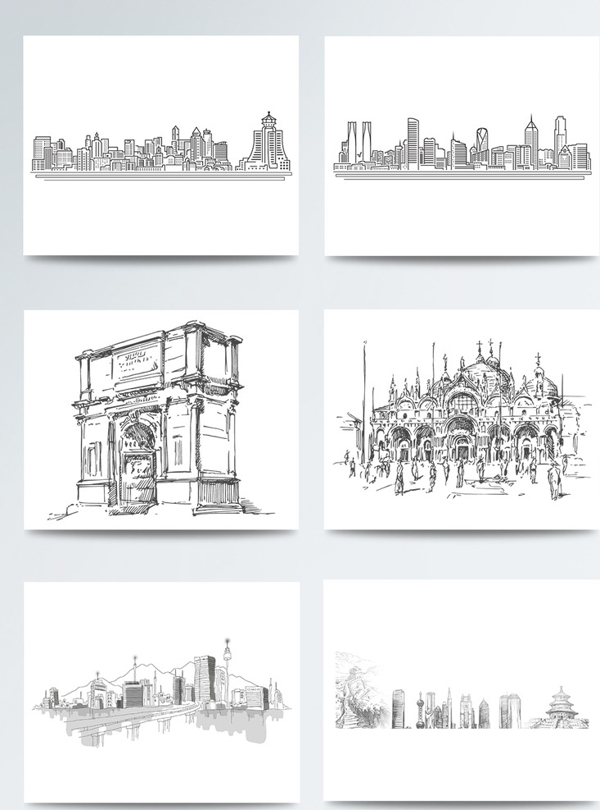 手绘线稿城市建筑元素