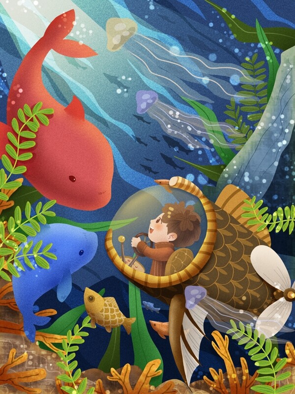 海洋探险之男孩潜水艇遇到红色大鱼蓝色小鱼
