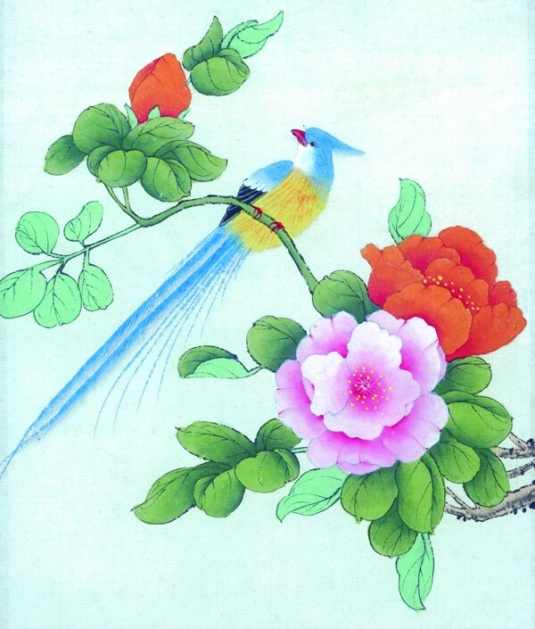 枝头上的鸟与鲜花图片