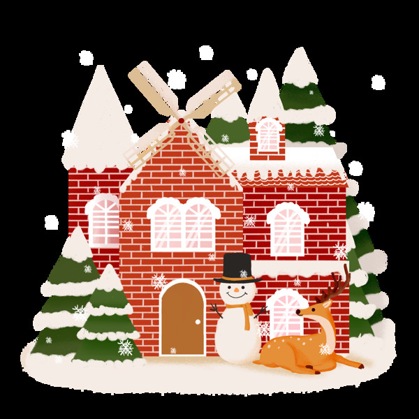 圣诞节雪人房屋松树麋鹿驯鹿雪人场景素材