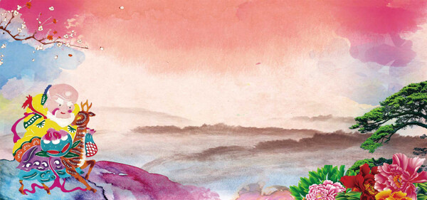 寿星山水色彩传统喜庆背景