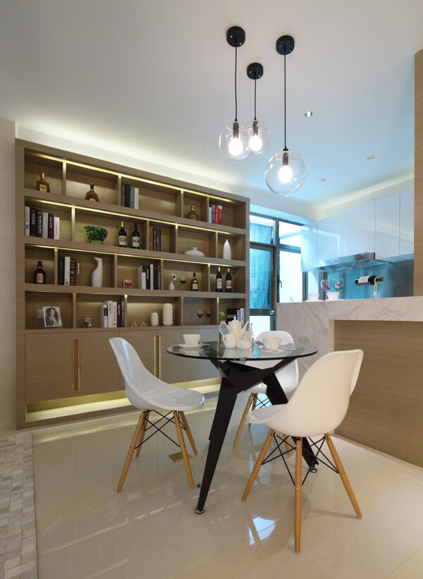 现代简约客厅开放式厨房书架室内装修效果图