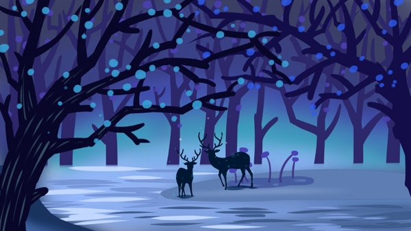 森林深处正在饮水的鹿原创插画