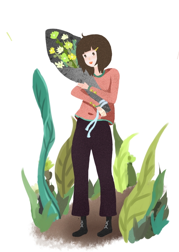 清明节抱着花束的女孩插画