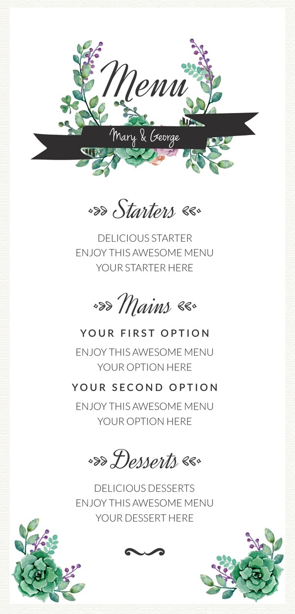 婚礼菜单与水彩花卉