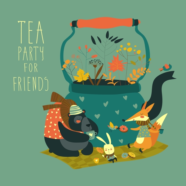 可爱的动物朋友围坐在茶壶旁