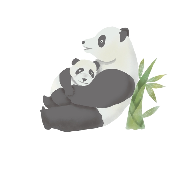 熊猫母亲抱着小熊猫依靠竹子元素