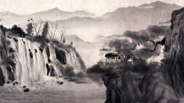 原创唯美中国古风水彩画水墨画山水风景插画