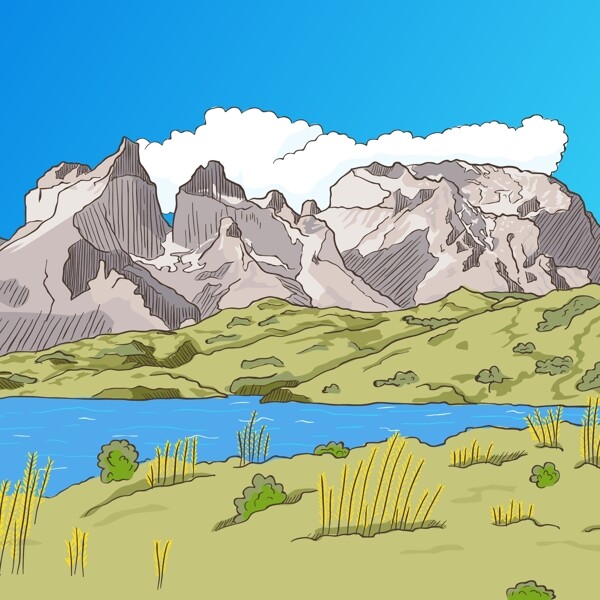 彩繪山與河流風(fēng)景矢量素材