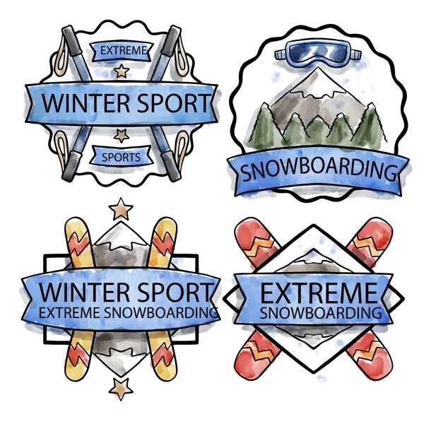 四款水彩滑雪场用品俱乐部标志