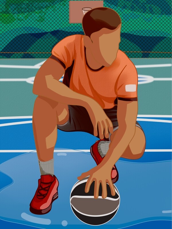 肌理插画国际篮球日球场运动员那篮球休息