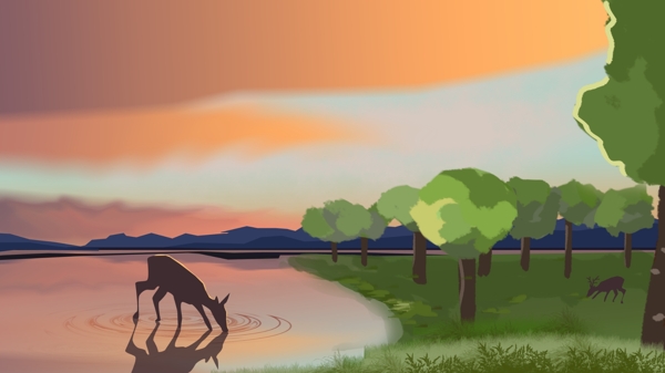 夕阳下的森林与鹿原创插画