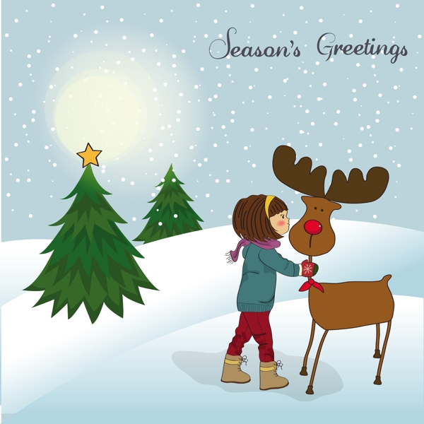 圣诞卡和可爱的小女孩抚摸着驯鹿