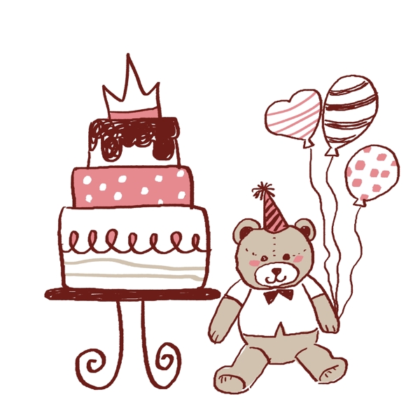 手绘粉色系生日蛋糕和玩具熊PNG免抠素材