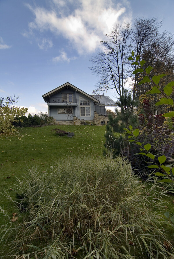 草地旁的木房子图片